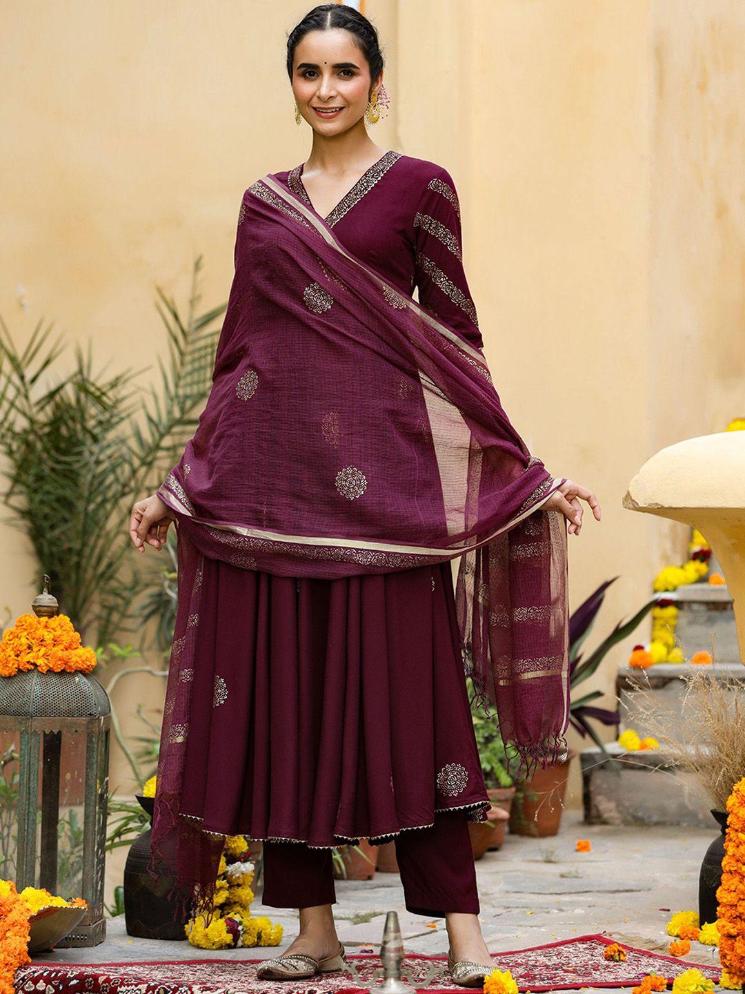 gillori ethnic motifs printed gotta patti angrakha anarkali kurta with trousers & dupatta