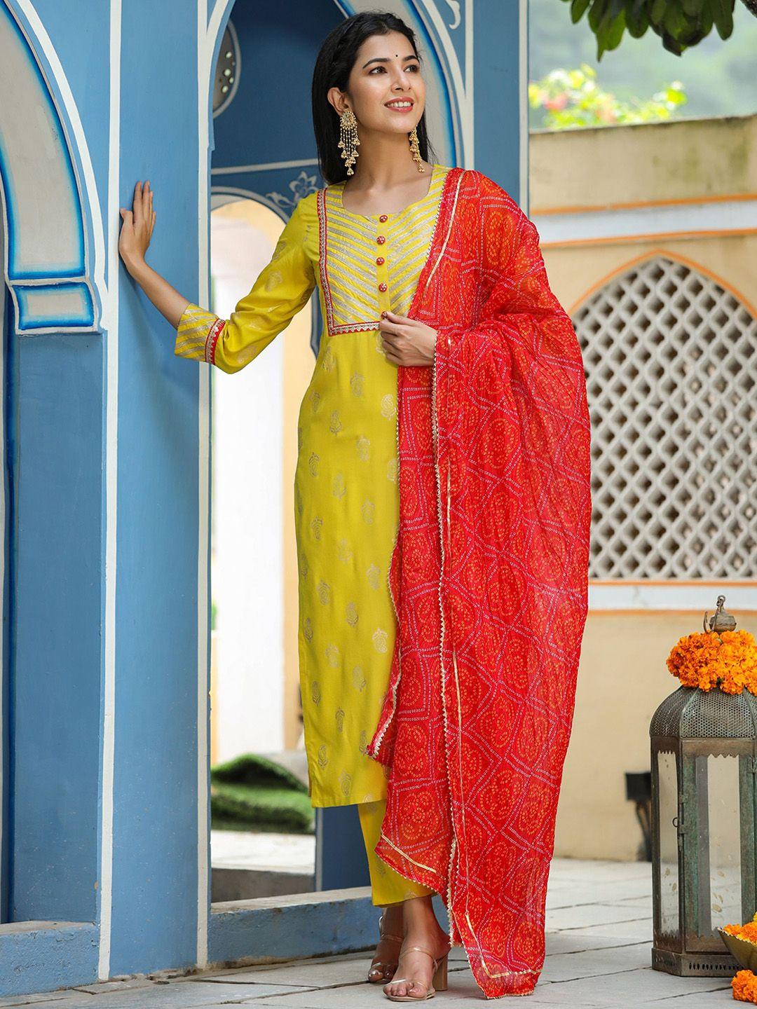 gillori ethnic motifs printed kurta with trousers & dupatta