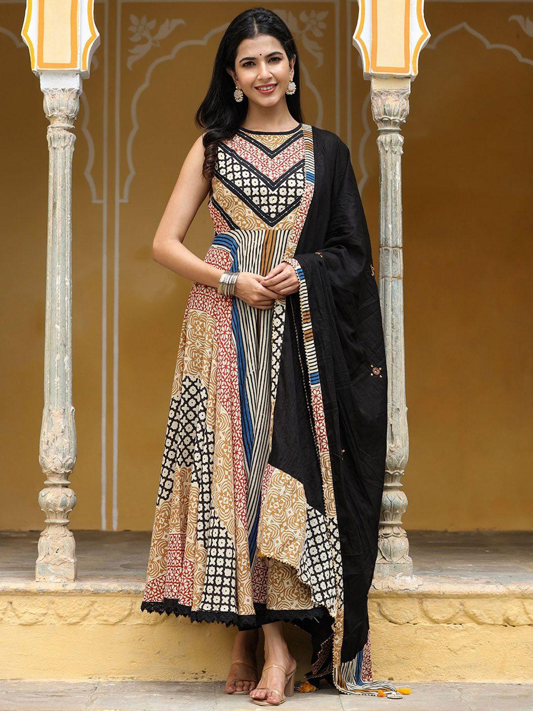 gillori ethnic motifs printed lace detail anarkali kurta with trousers & dupatta