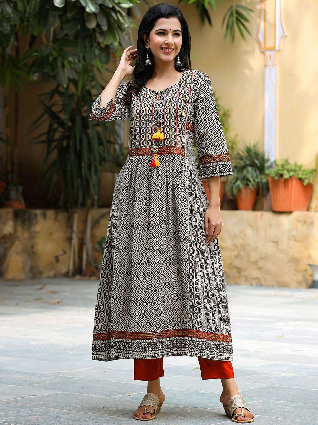 gillori ethnic printed thread work panelled a-line pure cotton kurta with trousers