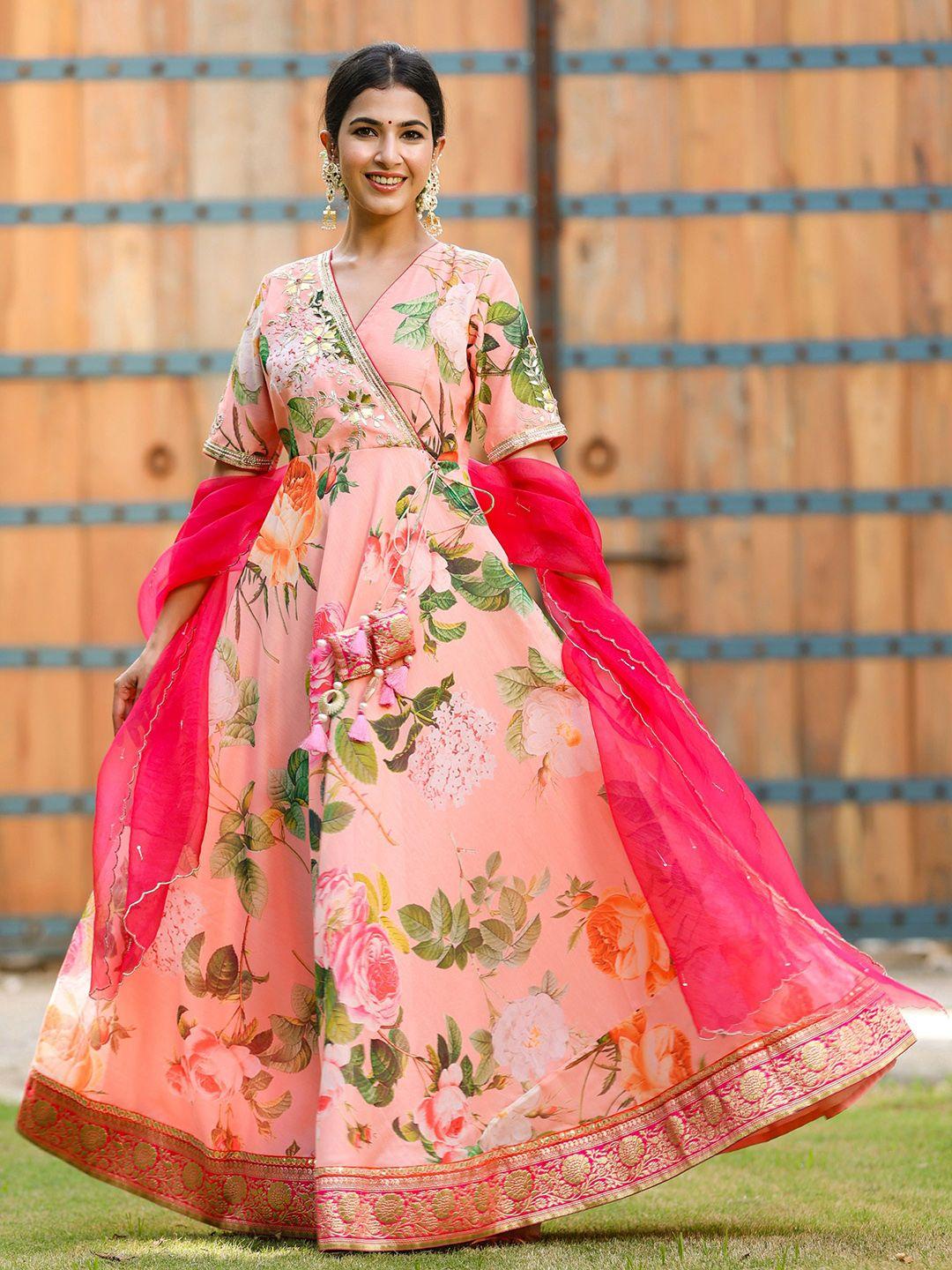 gillori floral printed angrakha cotton chanderi pattern ethnic dress with dupatta