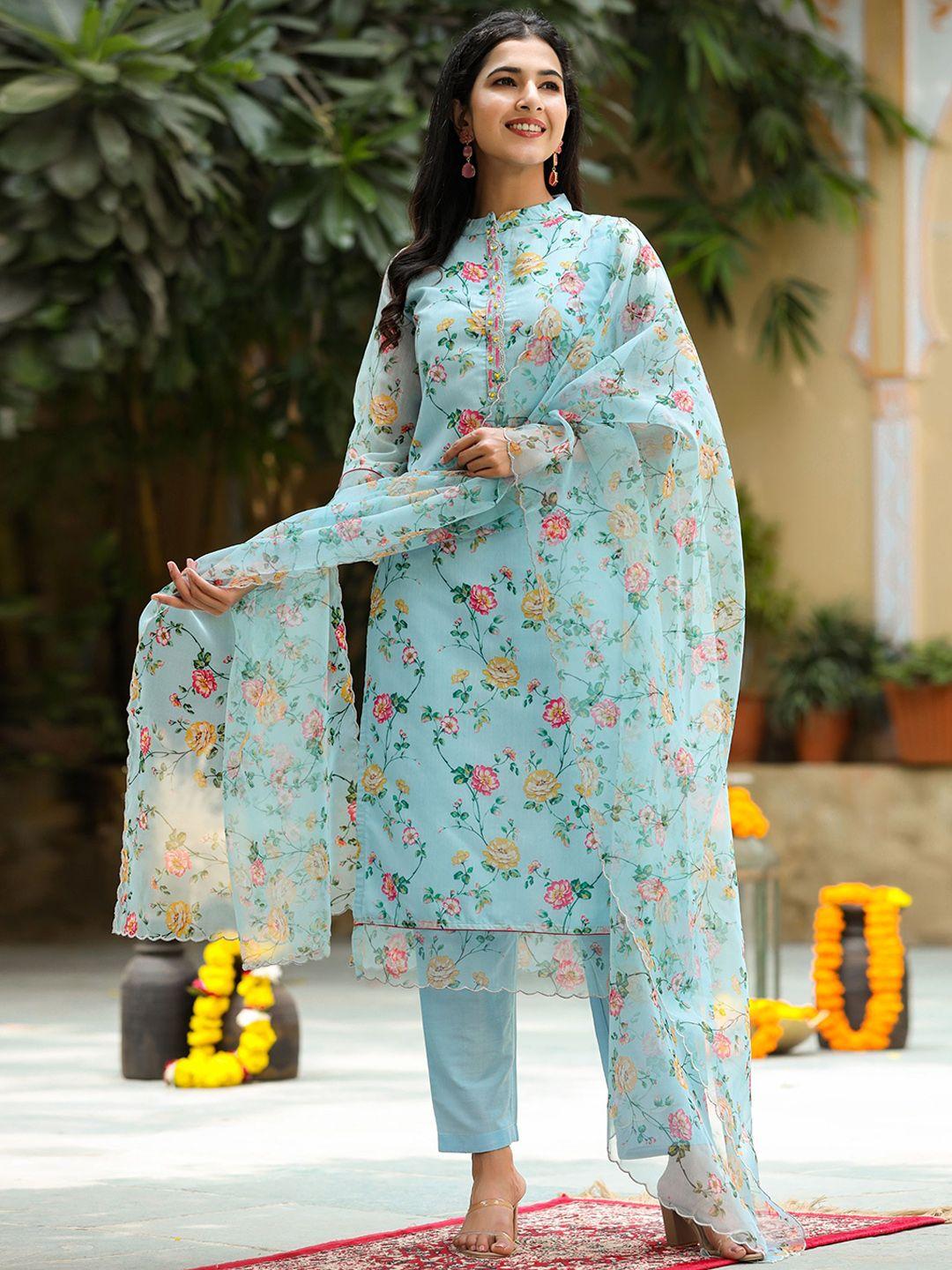 gillori floral printed beads and stones chanderi cotton kurta with trousers & dupatta