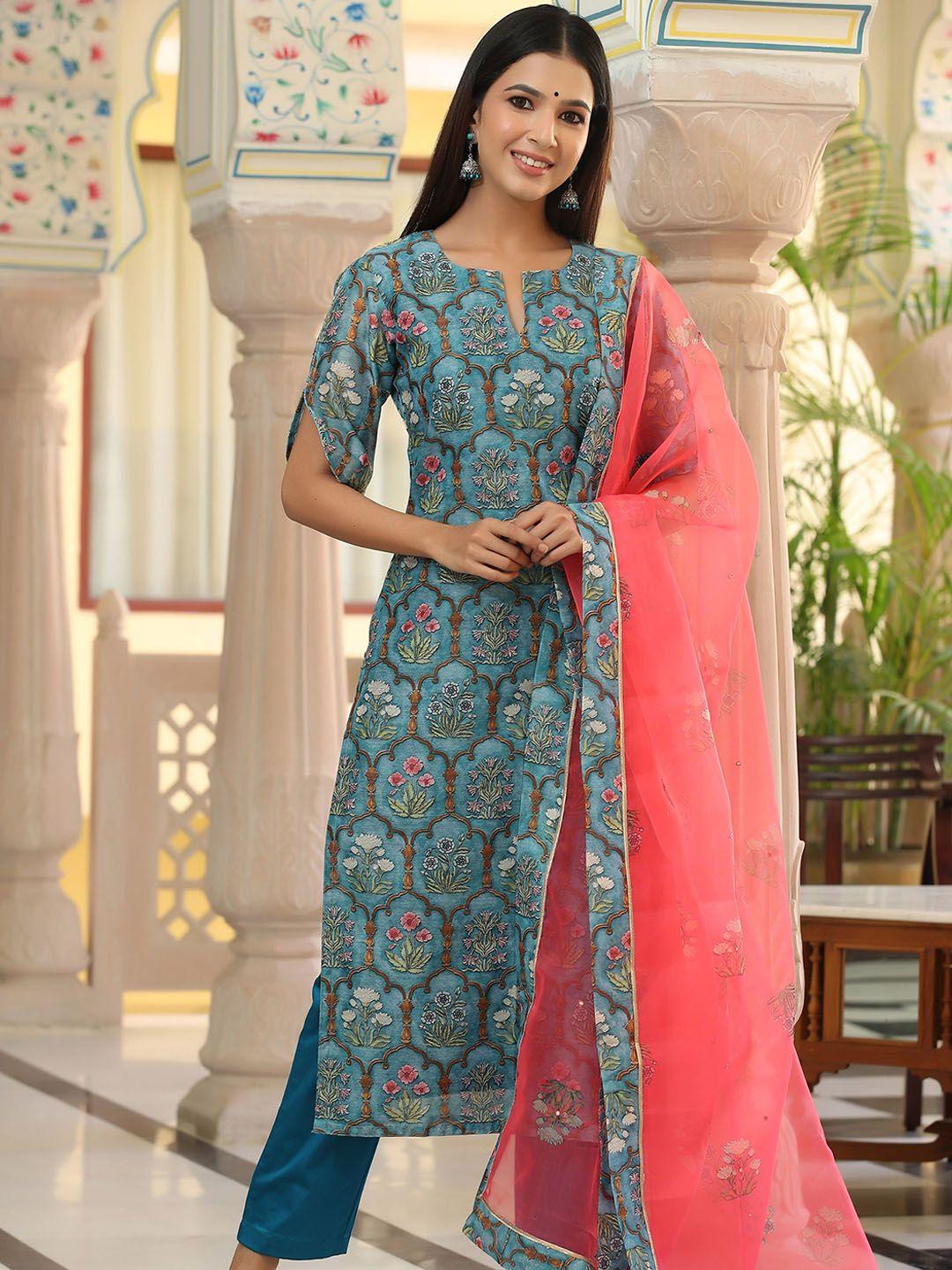 gillori floral printed chanderi cotton kurta & trousers with dupatta