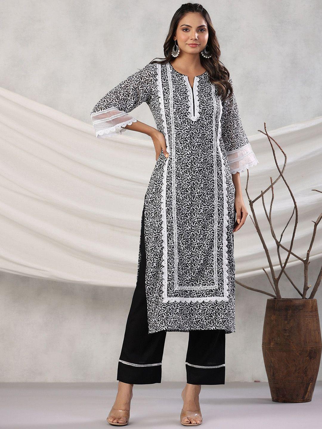 gillori floral printed regular pure cotton kurta with trousers