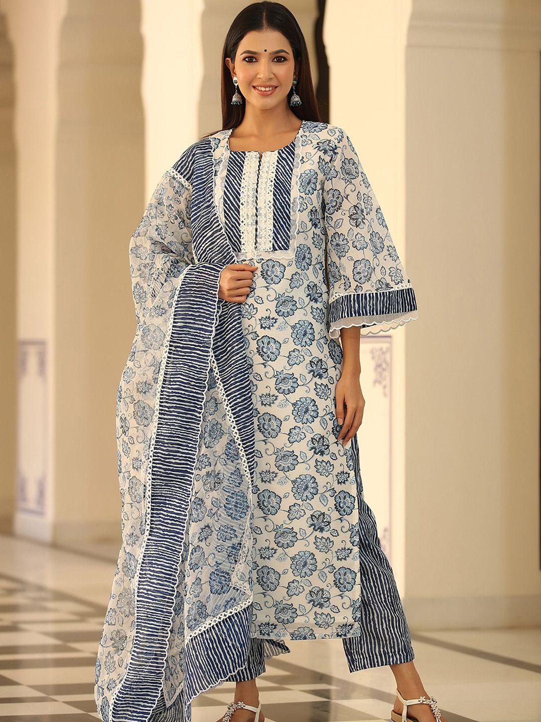 gillori floral printed thread work straight kurta & trousers with dupatta