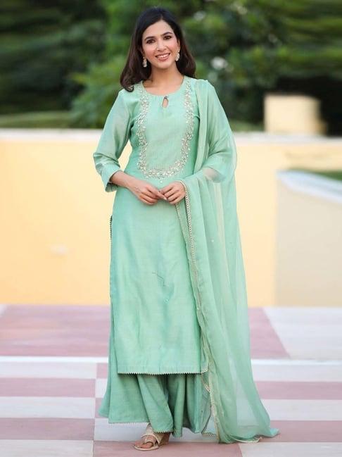 gillori green iced mint handwork chanderi kurta with pant and dupatta