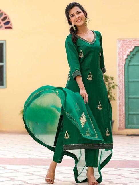 gillori green pavitra embroidered silk kurta with pant and dupatta