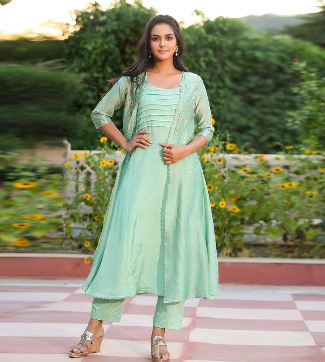 gillori green three piece designer jacket dress with inner and pant