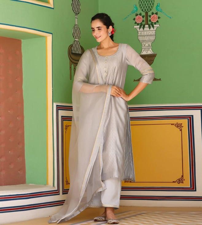 gillori grey surmai chanderi kurta with pant and dupatta with dupatta