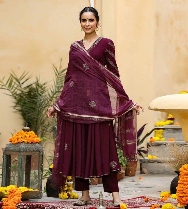 gillori magenta sitara wine gold printed kurta with pant and dupatta