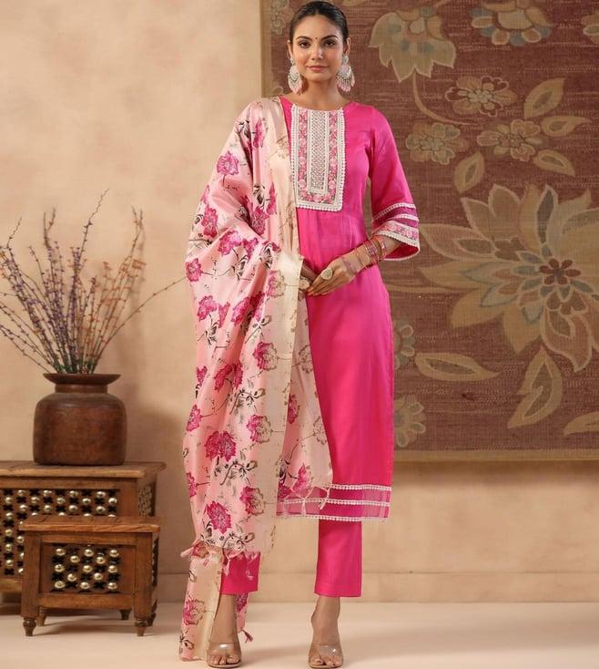 gillori pink additional cotton kurta with pant and dupatta