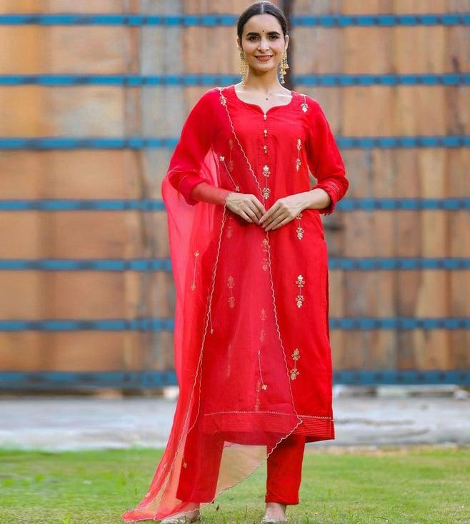 gillori red plus one navya embroidered silk kurta with pant and dupatta