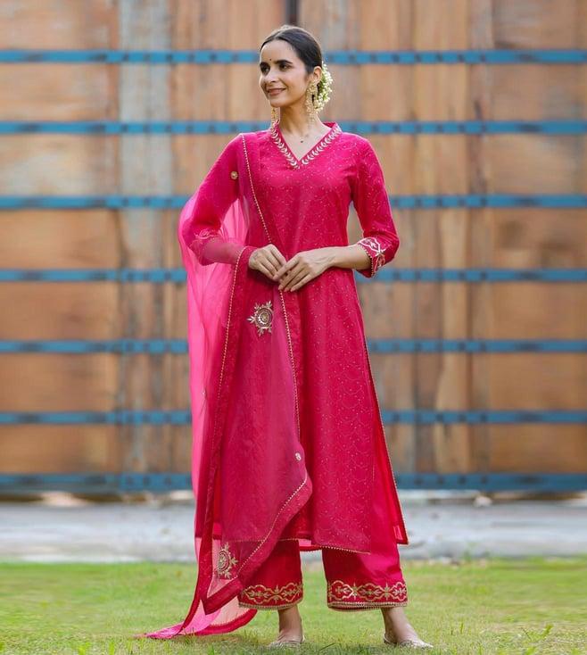 gillori red saubhagya chanderi kurta with pant and dupatta with dupatta