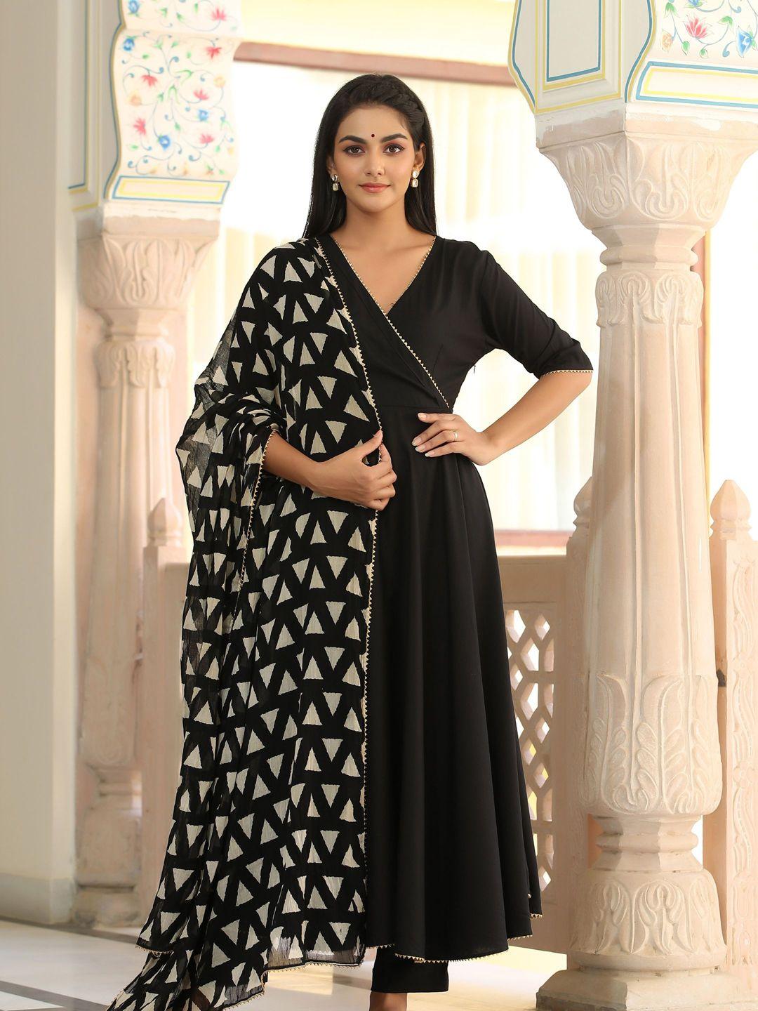 gillori women black angrakha gotta patti kurta with trousers & with dupatta