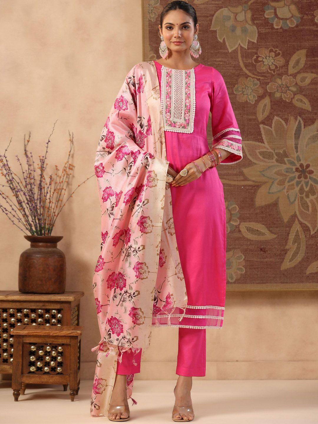 gillori women floral yoke design regular cotton thread work kurta with trousers & dupatta