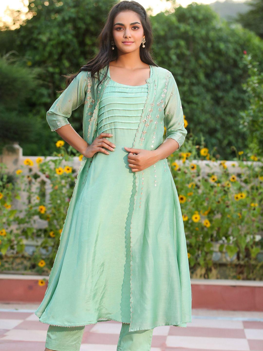 gillori women green embroidered regular sequinned chanderi silk kurta with trousers