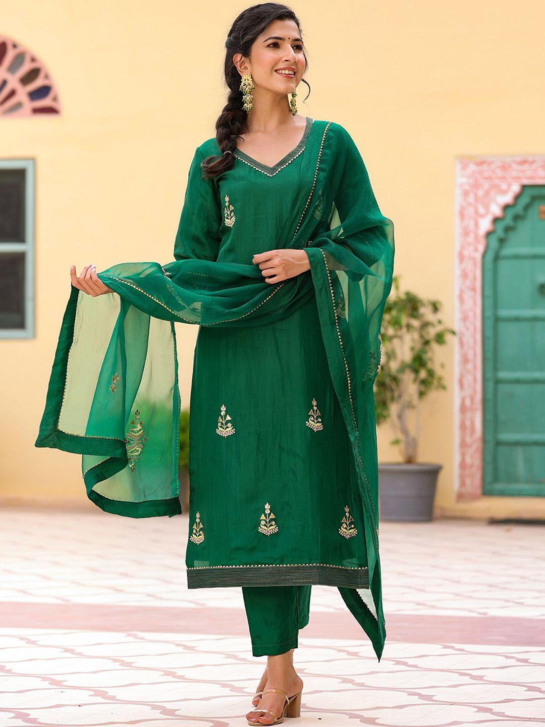 gillori women green ethnic motifs embroidered regular thread work kurta with trousers & with dupatta