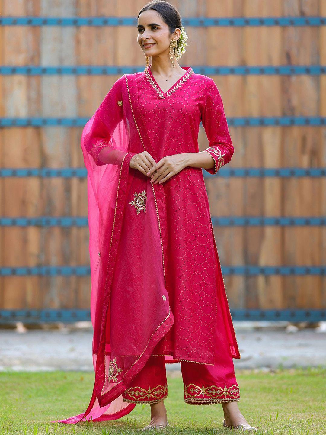 gillori women magenta ethnic motifs embroidered regular gotta patti chanderi silk kurta with palazzos & with