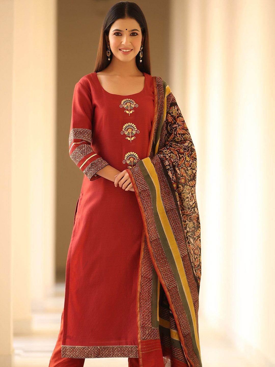 gillori women maroon ethnic motifs embroidered regular aari work chanderi silk kurta with trousers & with