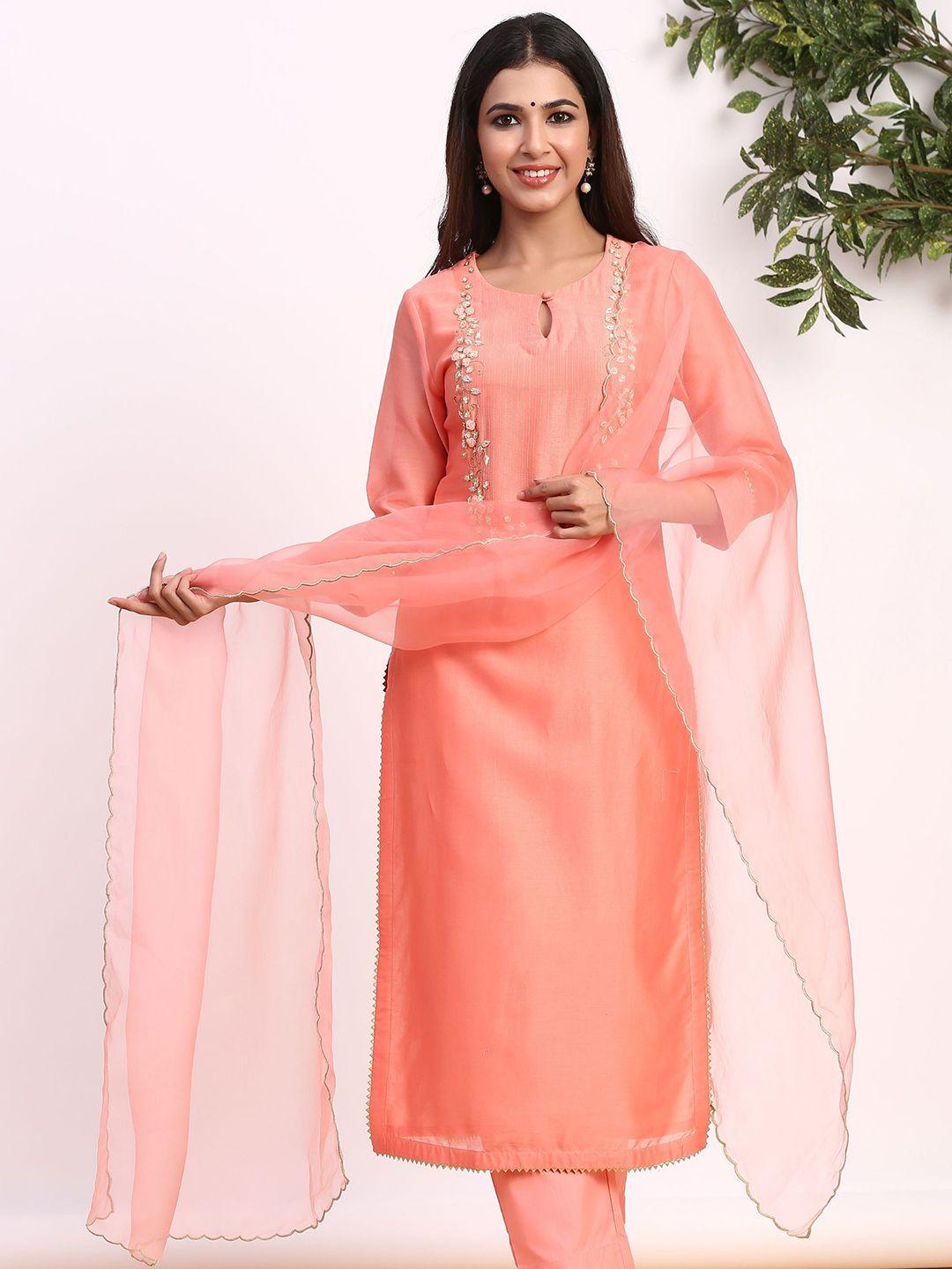 gillori women peach-coloured ethnic motifs embroidered regular zardozi chanderi silk kurta with trousers &