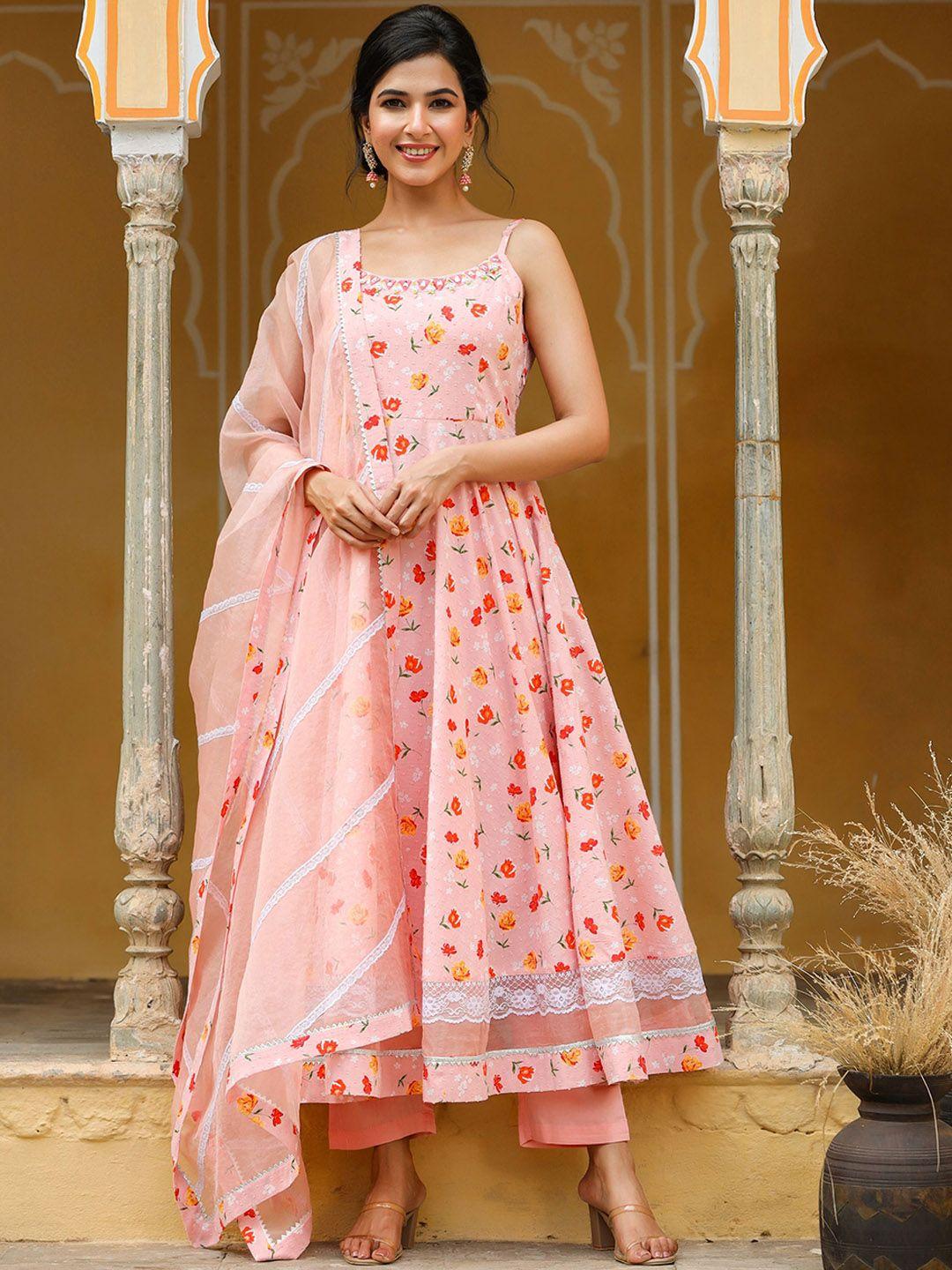 gillori women peach-coloured floral printed empire mirror work pure cotton kurta with trousers & with dupatta