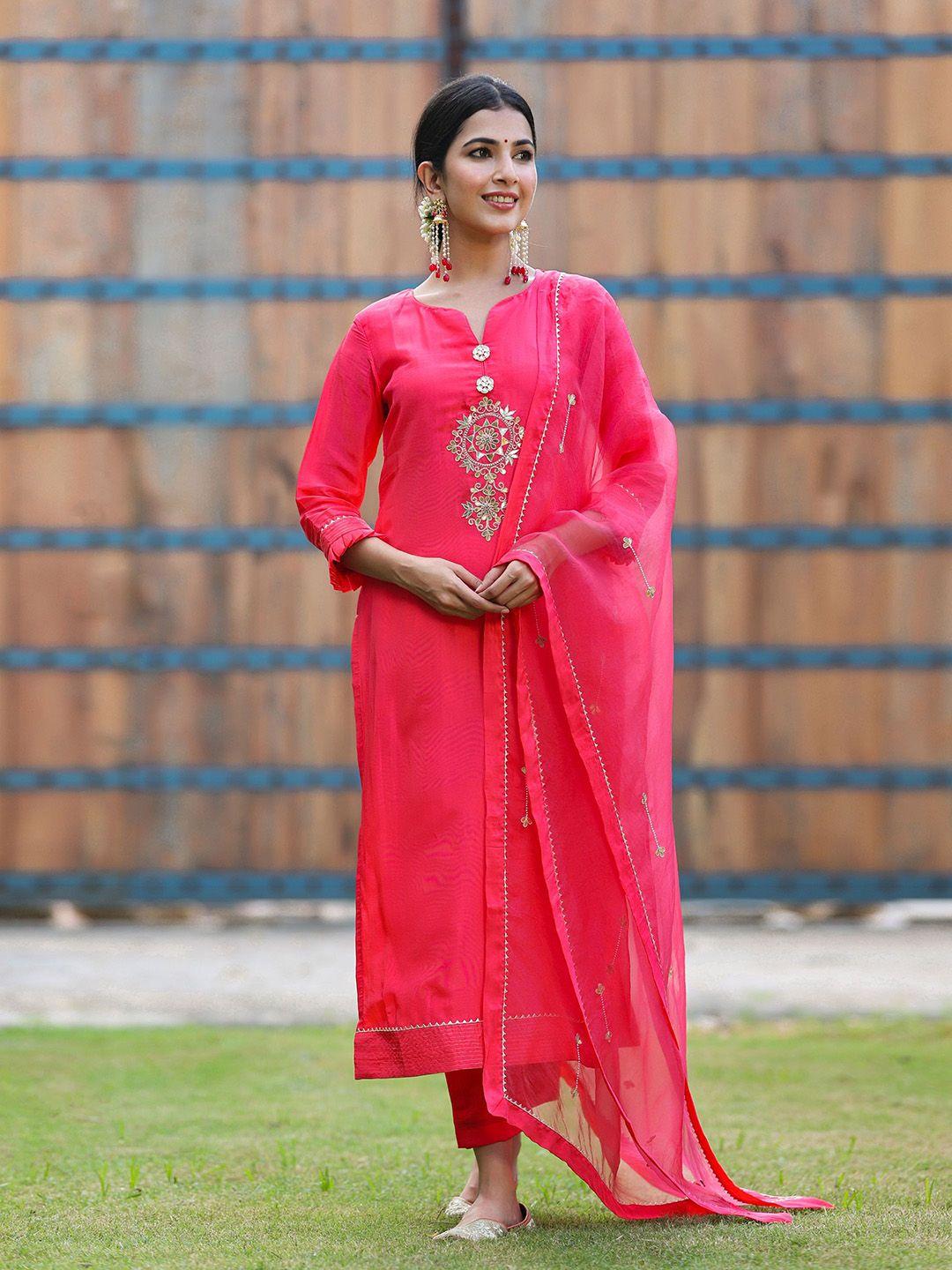 gillori women pink ethnic motifs embroidered regular gotta patti kurta with trousers & with dupatta