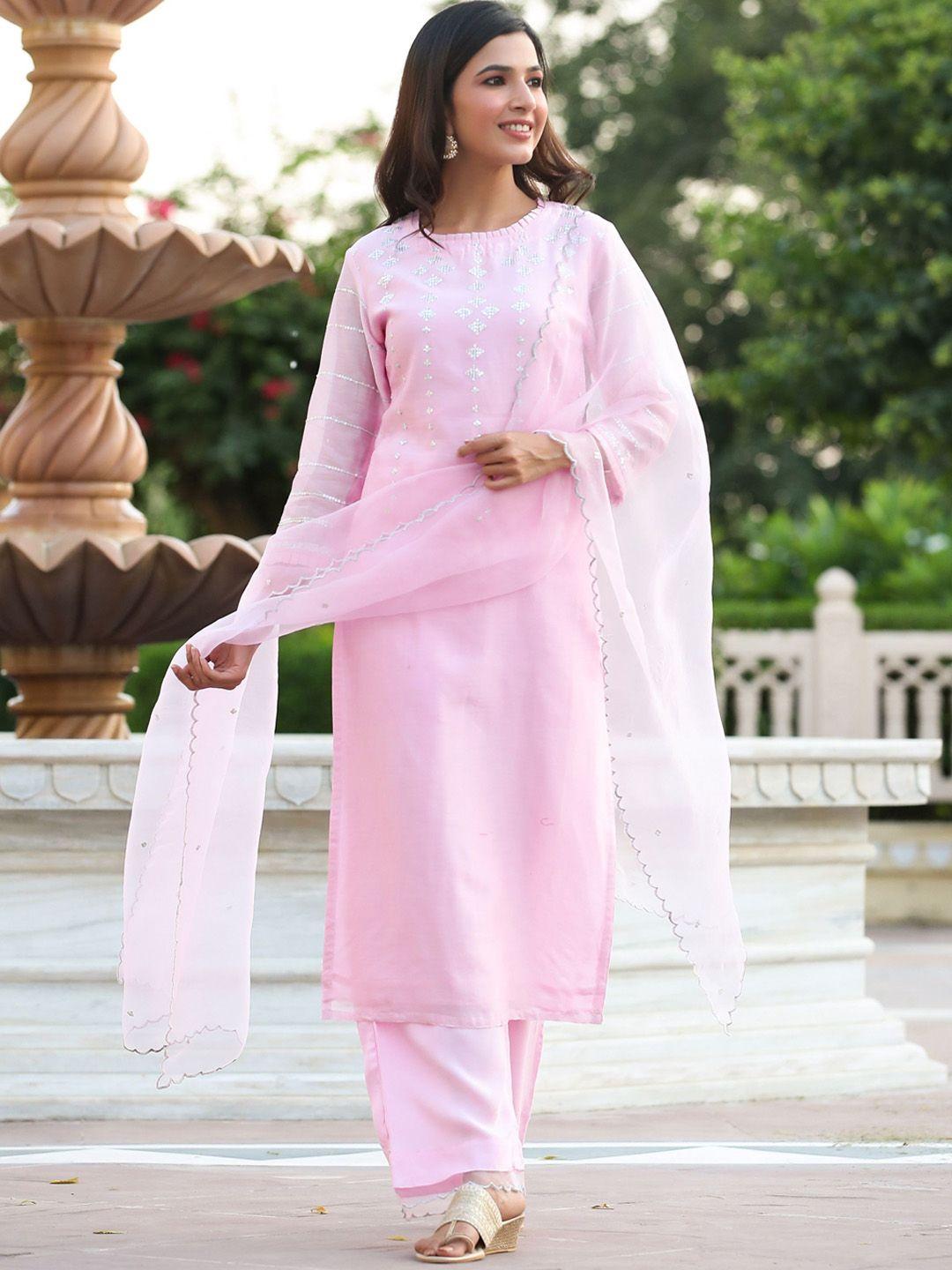 gillori women pink ethnic motifs embroidered regular sequinned chanderi silk kurta with palazzos & with
