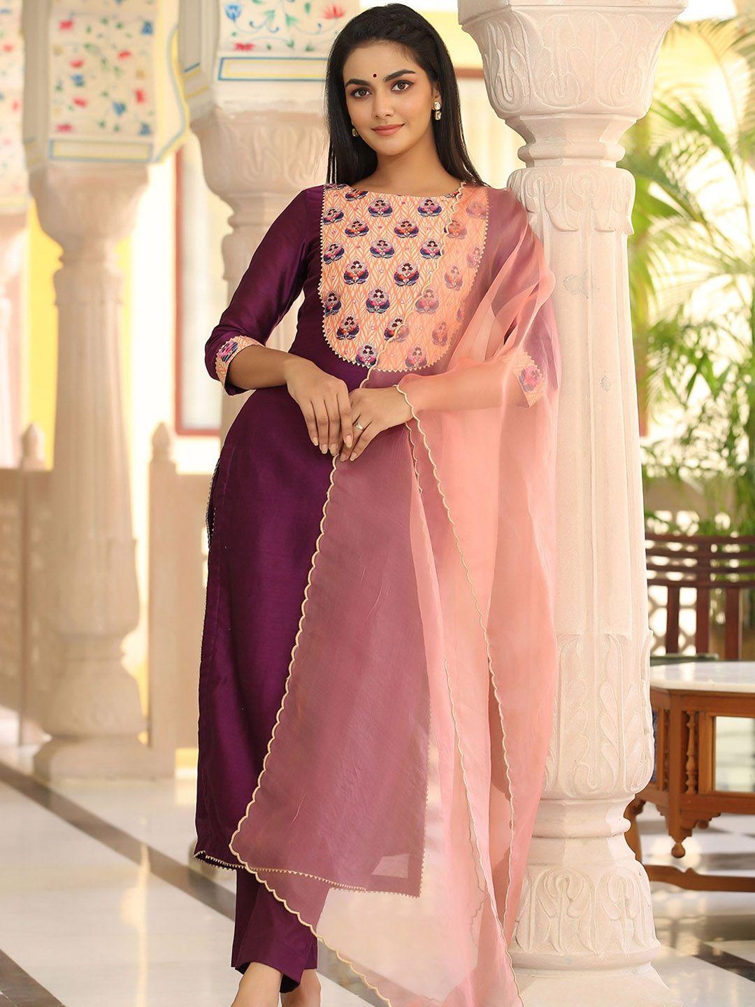 gillori women purple ethnic motifs yoke design regular sequinned chanderi silk kurta with trousers & with