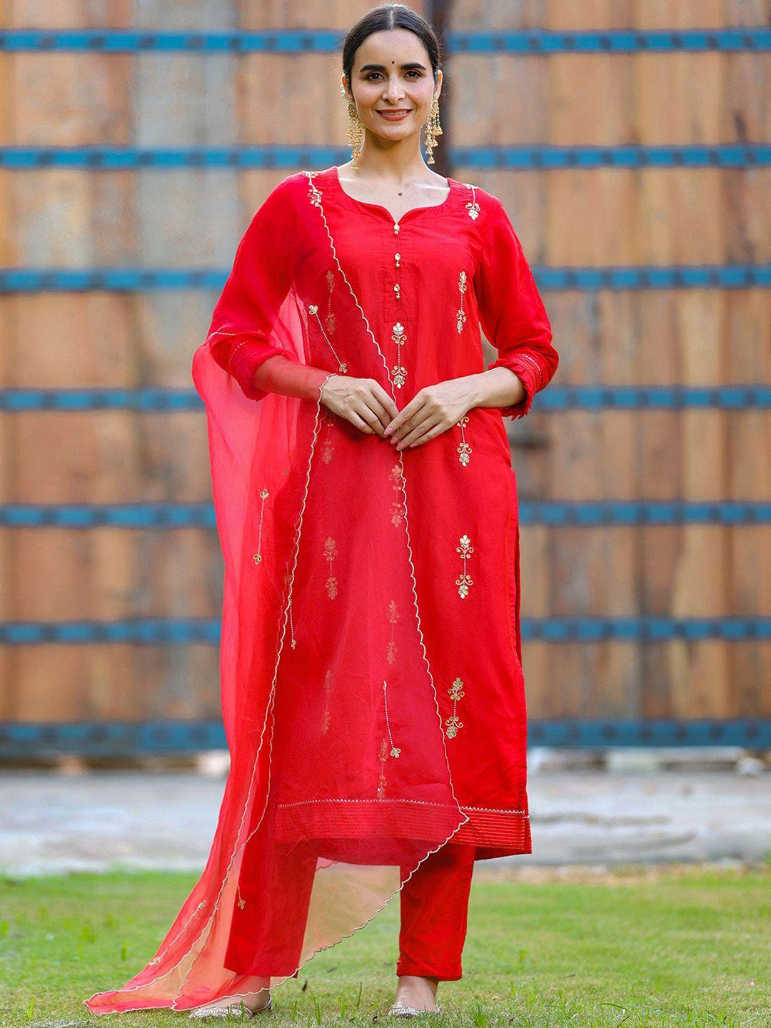 gillori women red ethnic motifs embroidered regular gotta patti kurta with trousers & with dupatta
