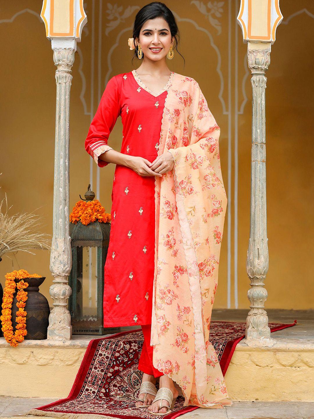 gillori women red ethnic motifs embroidered regular kurta with trousers & with dupatta