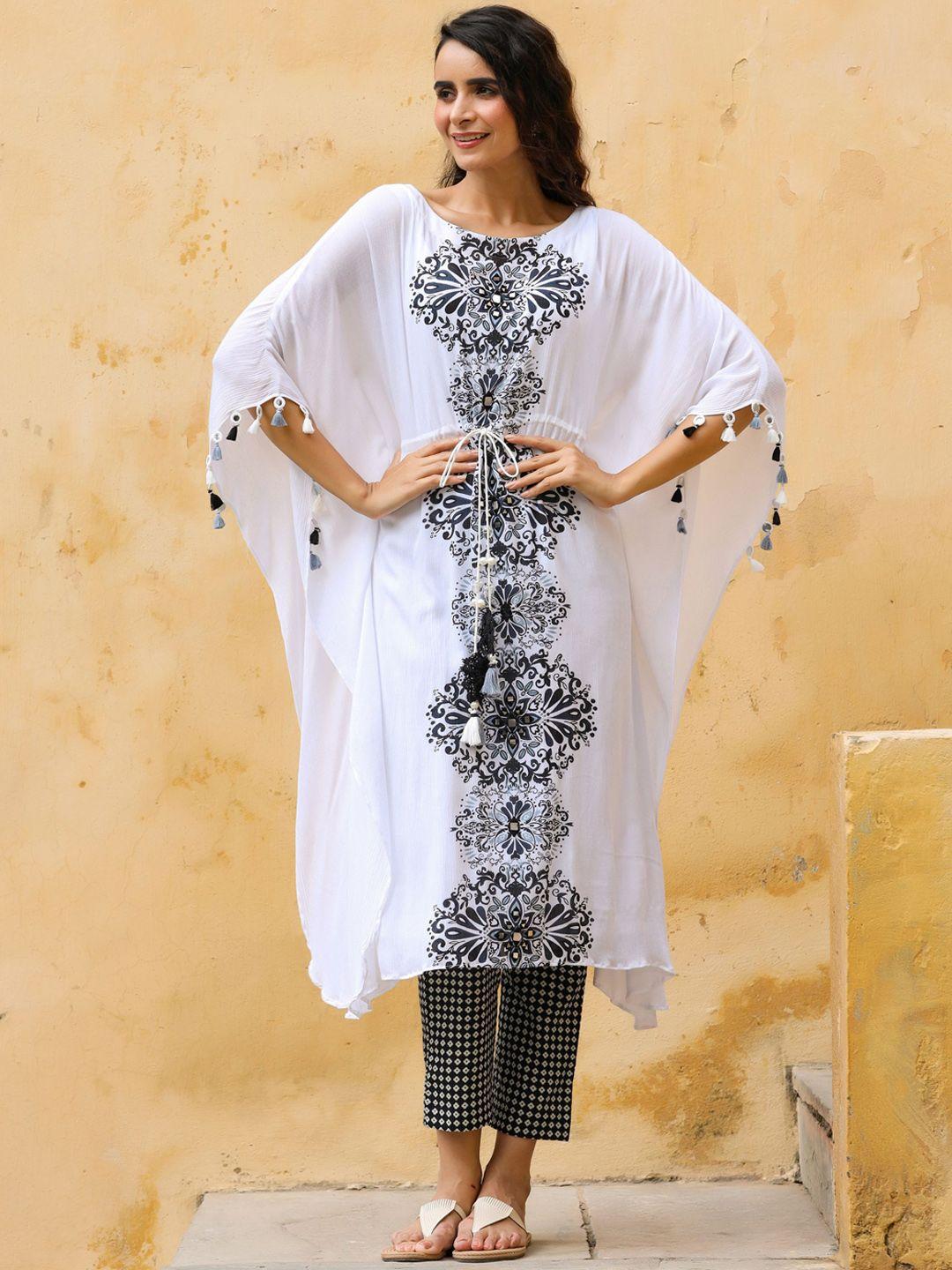 gillori women white ethnic motifs printed regular mirror work kurta with trousers
