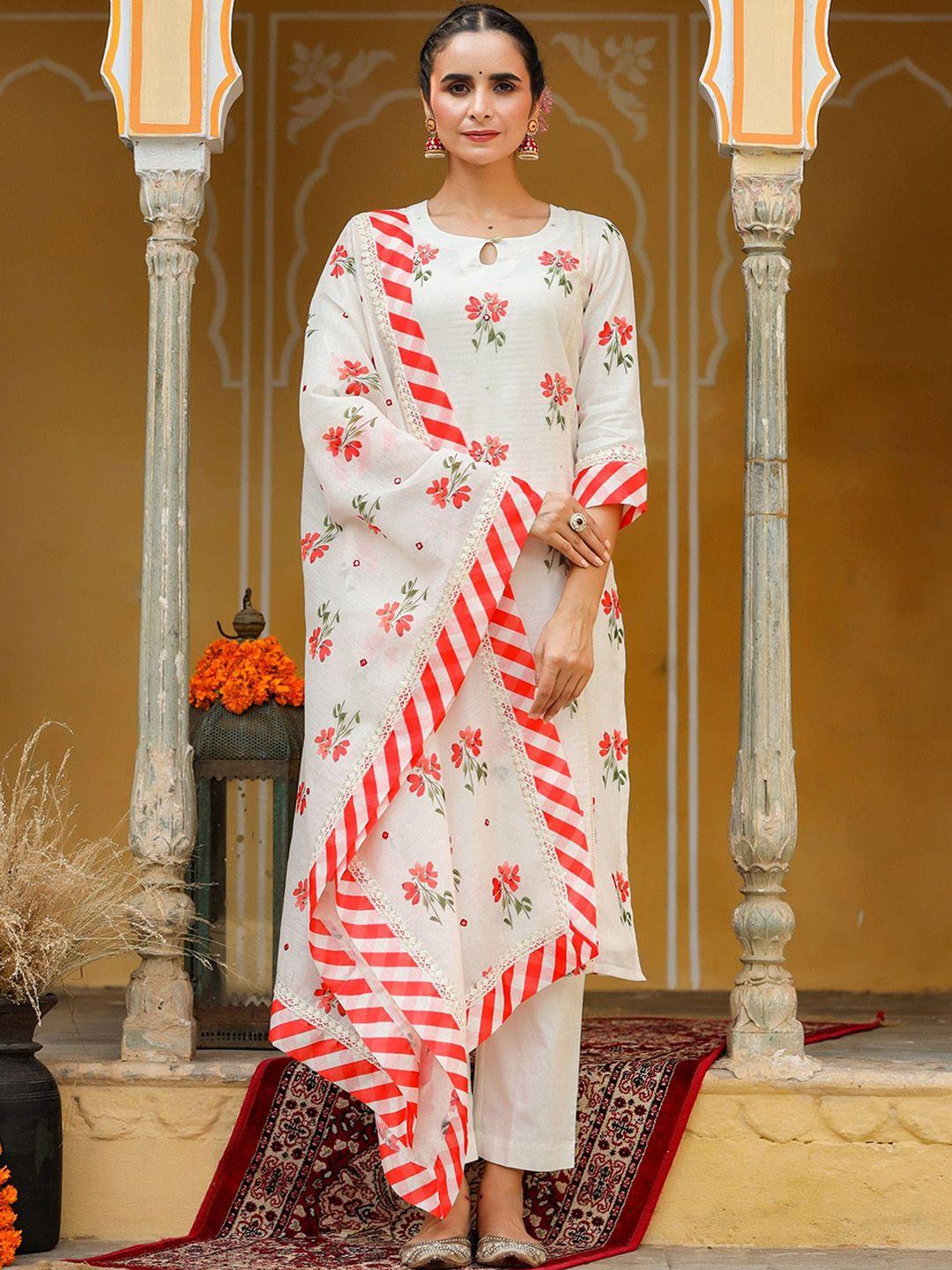 gillori women white floral printed regular mirror work chanderi cotton kurta with trousers & with dupatta