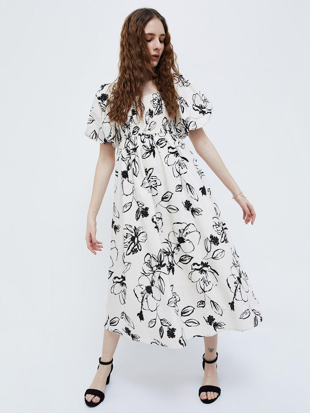 ginger by lifestyle floral print cotton puff sleeve fit & flare midi dress
