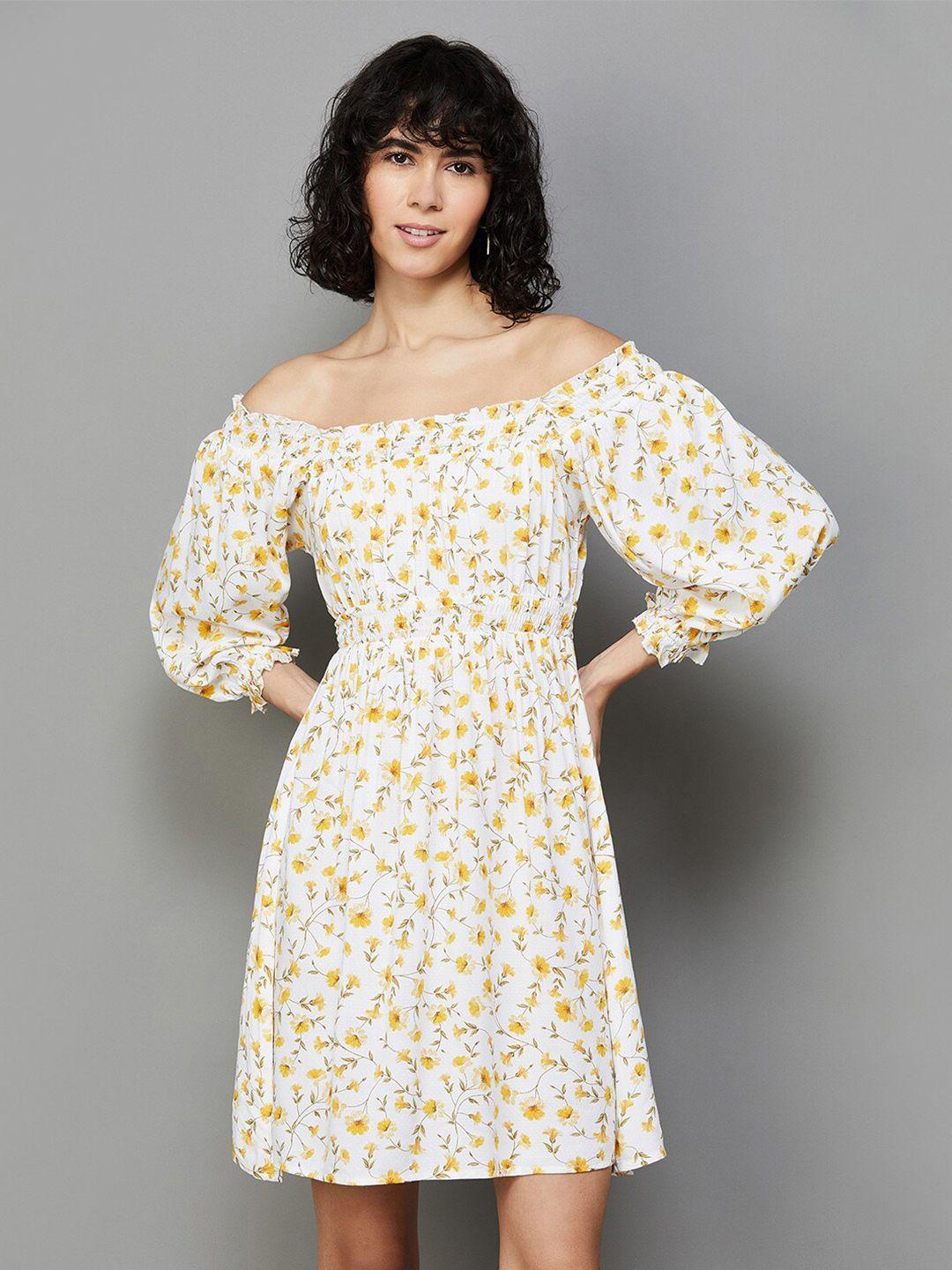 ginger by lifestyle floral printed off-shoulder puff sleeves fit and flare dress