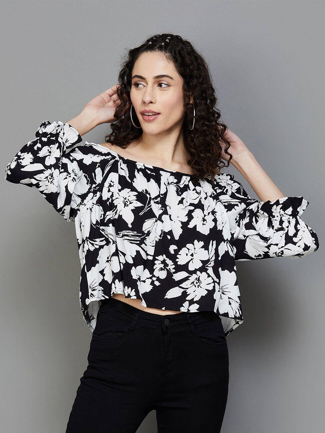 ginger by lifestyle floral printed puff sleeves bardot crop top