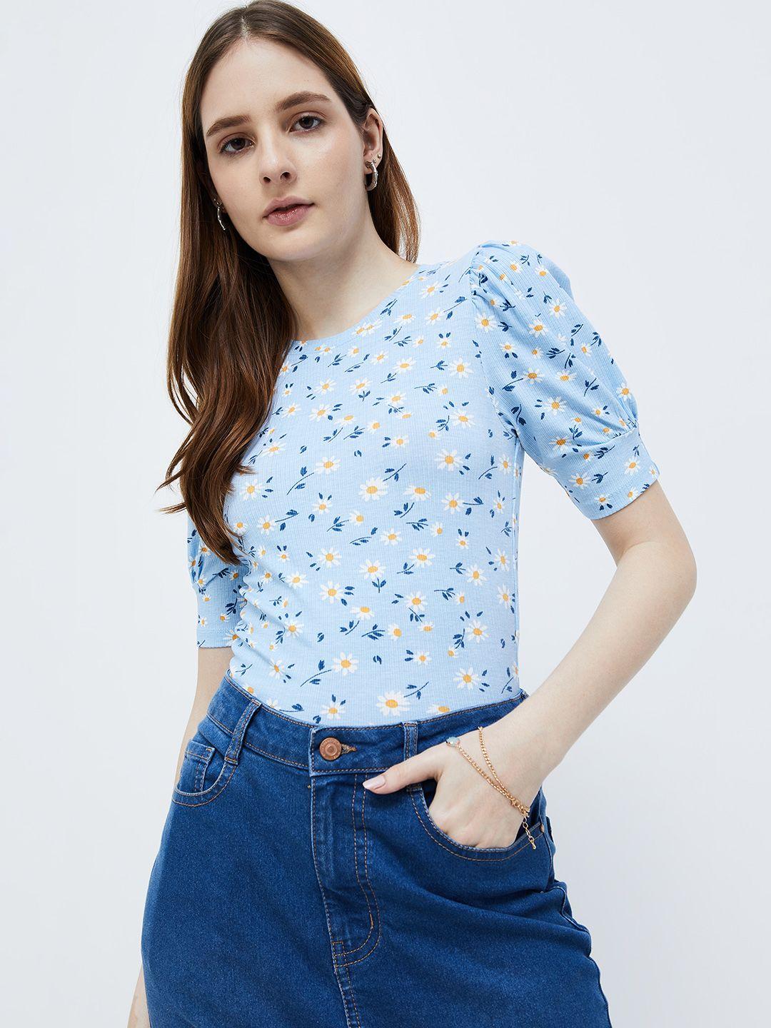 ginger by lifestyle floral printed puff sleeves fitted top