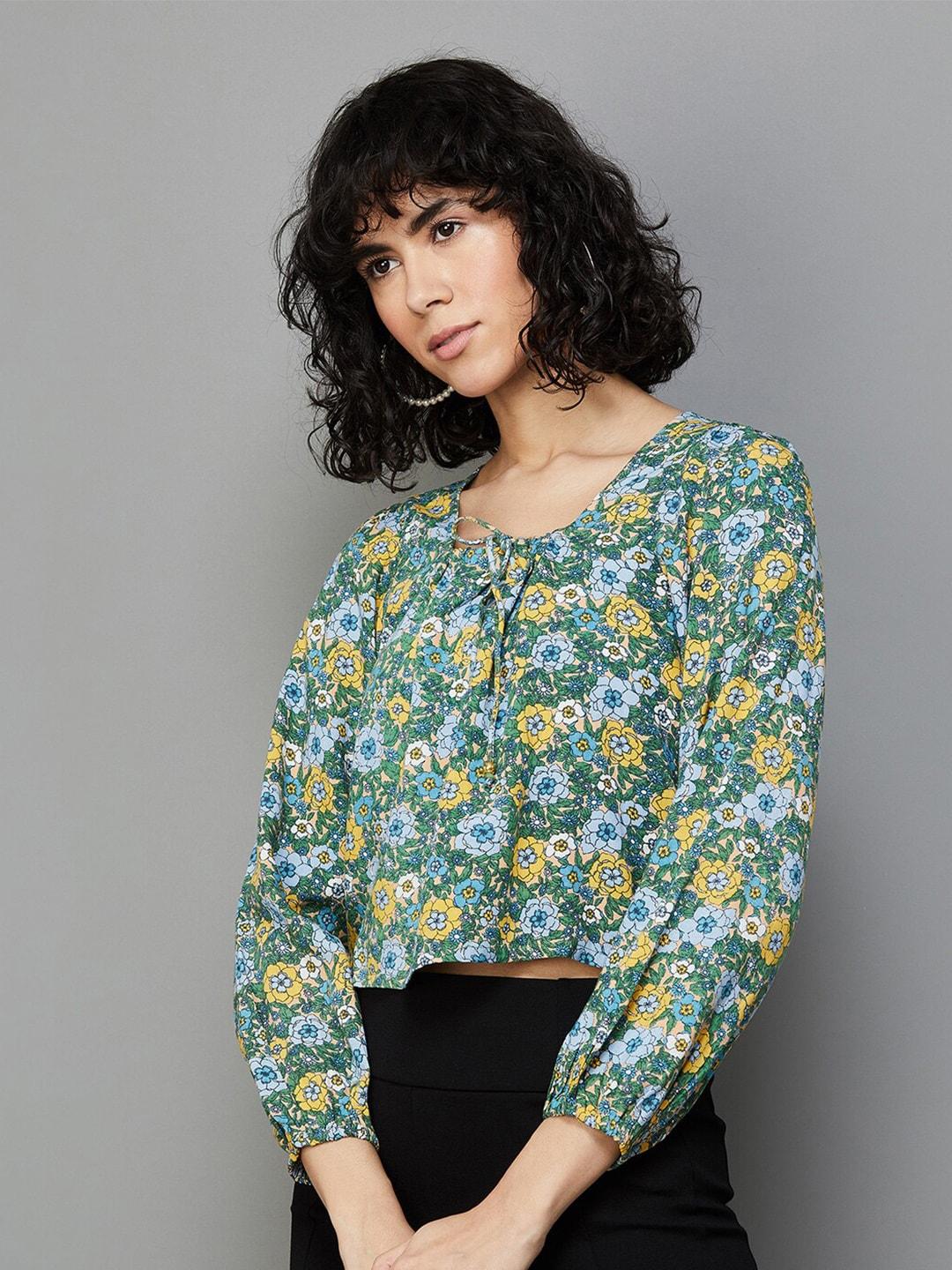 ginger by lifestyle floral printed tie-up neck regular top