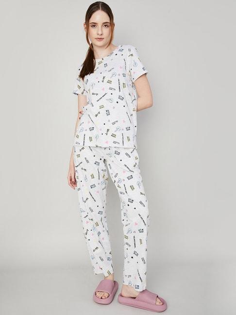 ginger by lifestyle grey cotton printed top & pyjama set