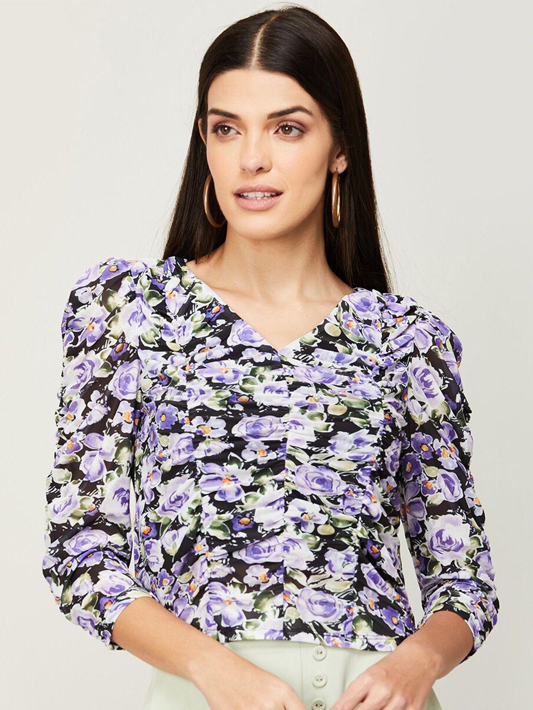 ginger by lifestyle lavender & black floral printed ruched top