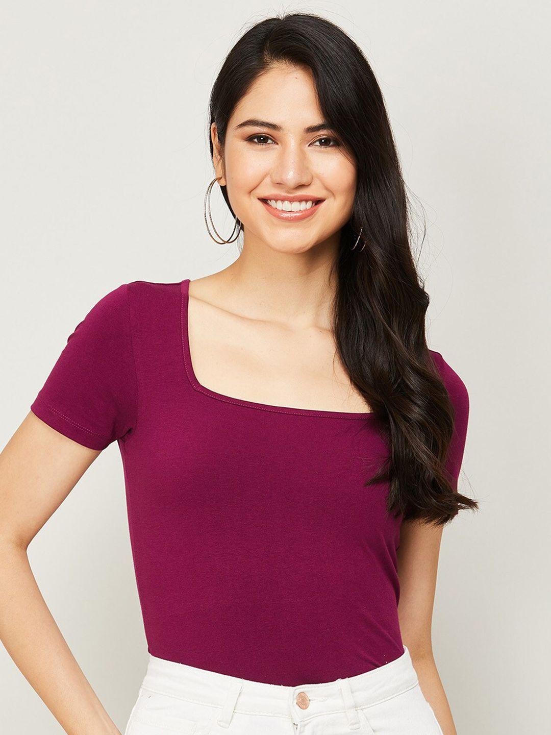 ginger by lifestyle maroon solid cotton blend square neck tops