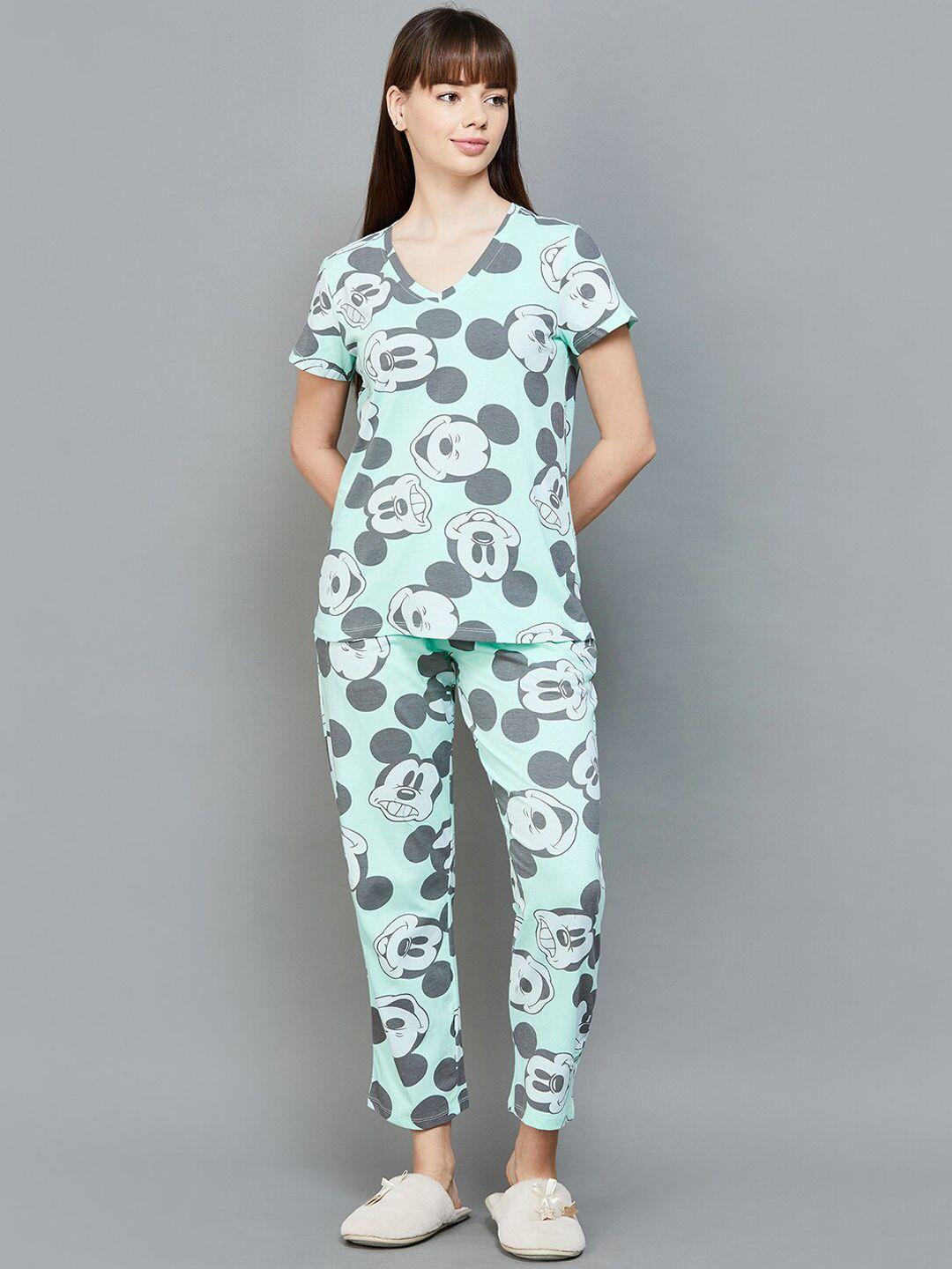 ginger by lifestyle mickey mouse printed v-neck pure cotton night suits