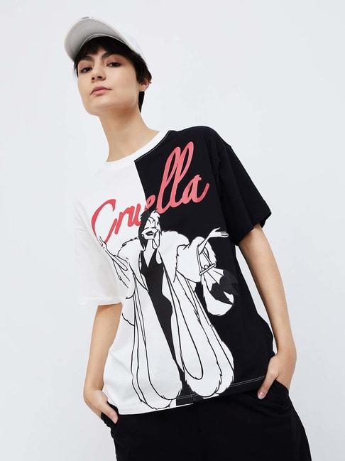 ginger by lifestyle white & black cotton printed t-shirt