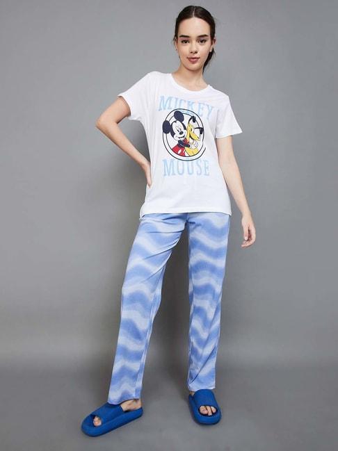 ginger by lifestyle white & blue cotton printed t-shirt pyjama set