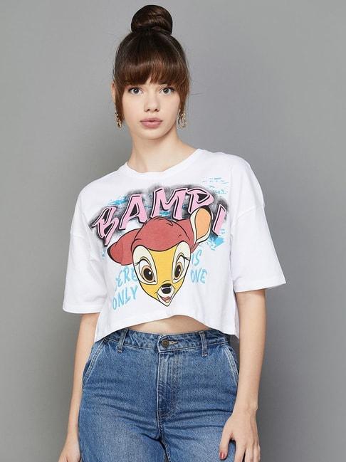ginger by lifestyle white cotton printed cropped t-shirt