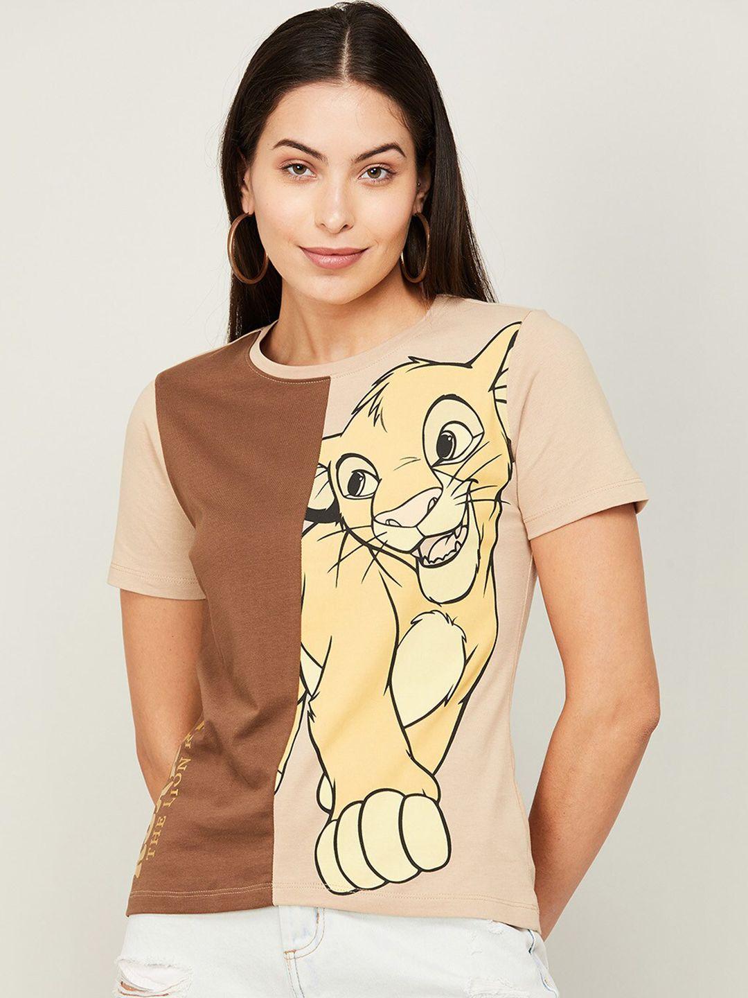 ginger by lifestyle women beige printed round neck t-shirt
