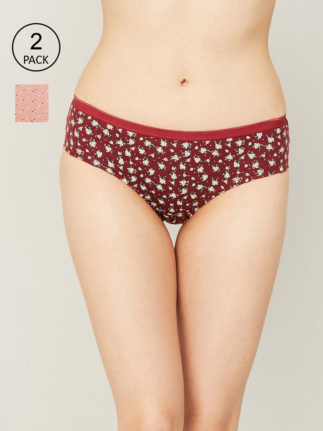 ginger by lifestyle women maroon & peach pack of 2 printed hipster briefs