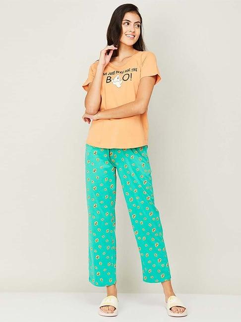 ginger by lifestyle beige & green cotton printed t-shirt pyjamas set