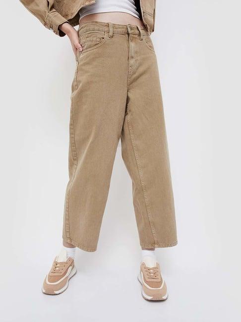 ginger by lifestyle beige cotton mid rise flared jeans