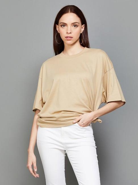 ginger by lifestyle beige cotton t-shirt