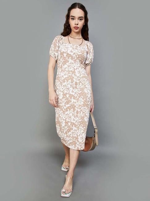 ginger by lifestyle beige floral print bodycon dress